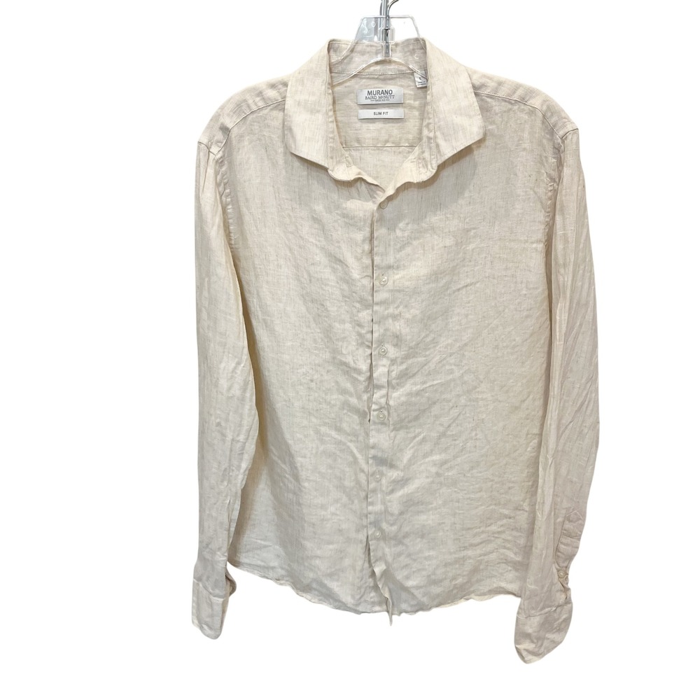 Murano Baird McNutt Slim Fit 100% Linen Long Sleeve Button Down Beige Mens Large